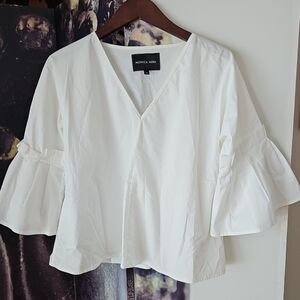 Monica Nera Womens Cotton V-Neck Tie Long Sleeve Cropped Blouse Black Size EUR36